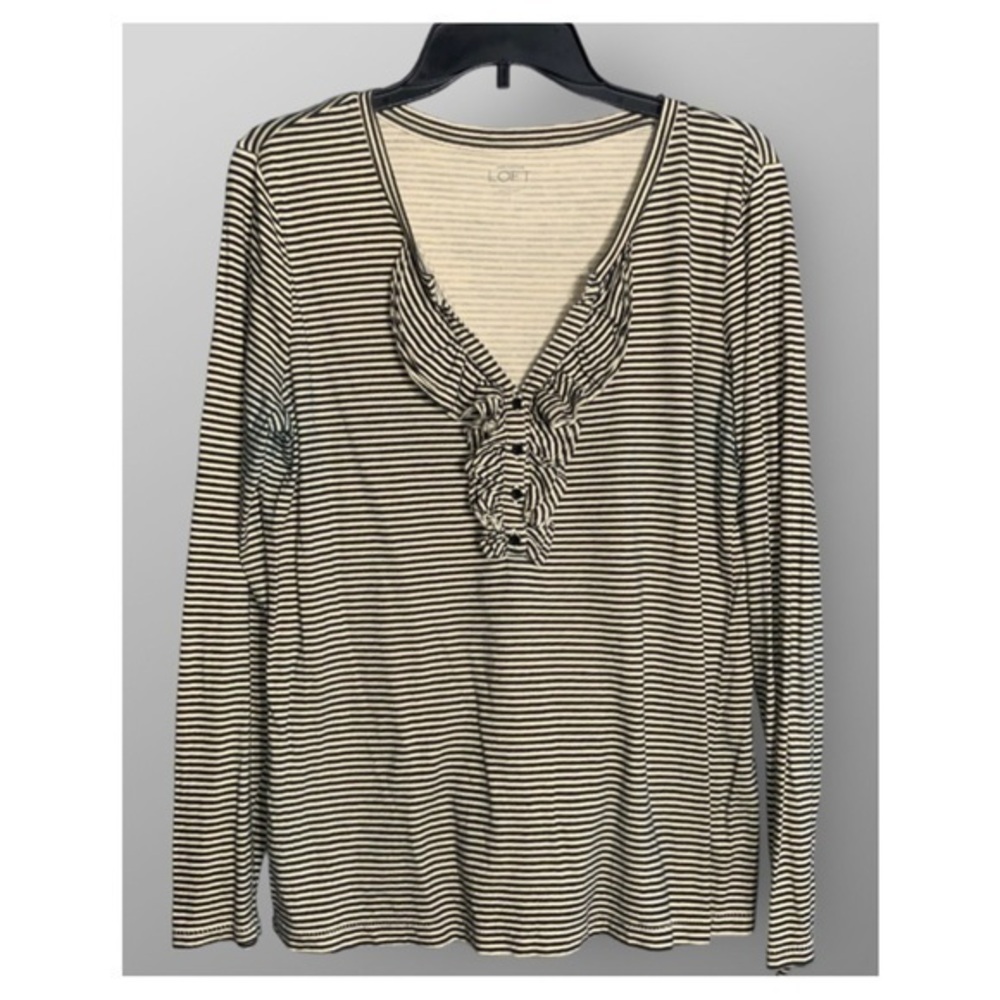 LOFT Black & Tan Striped V-Neckline Long Sleeve Ruffle Cotton Top L - Picture 1 of 5